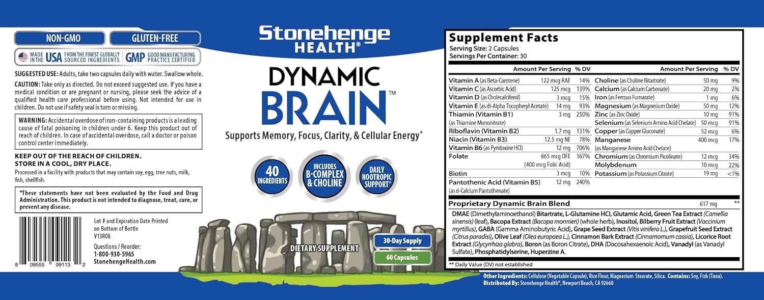 Stonehenge Health Dynamic Brain Supplement – Memory, Focus, & Clarity– Formulated with 40 Unique